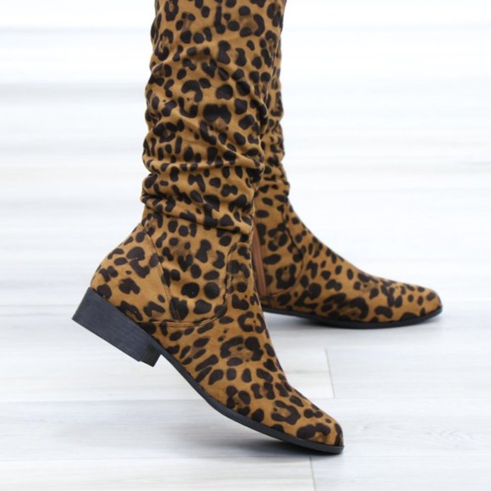 Leopard Suede Thigh High Flat Boot Lace Up Back - Picture 11 of 14